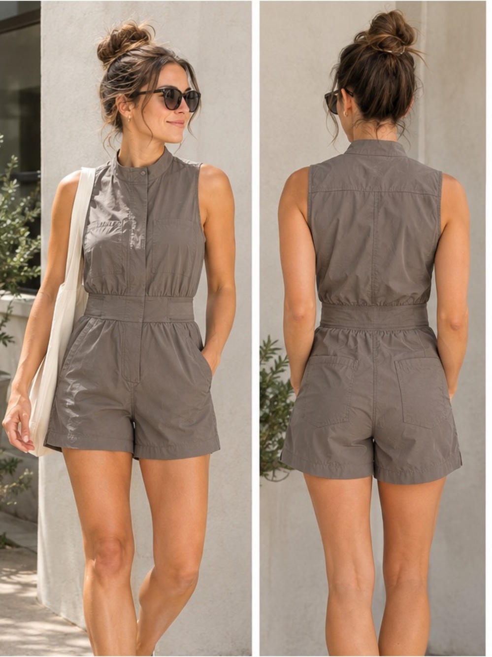 Athleta Taupe/Gray stretch poplin Sleeveless Romper size 6